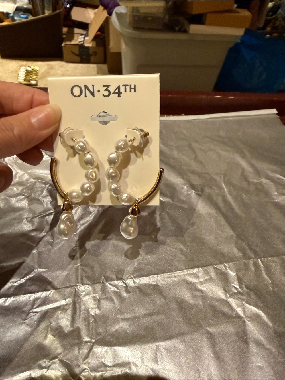 NWT On 34th Gold-Tone Imitation Pearl C-Hoop Drop Earrings NEW